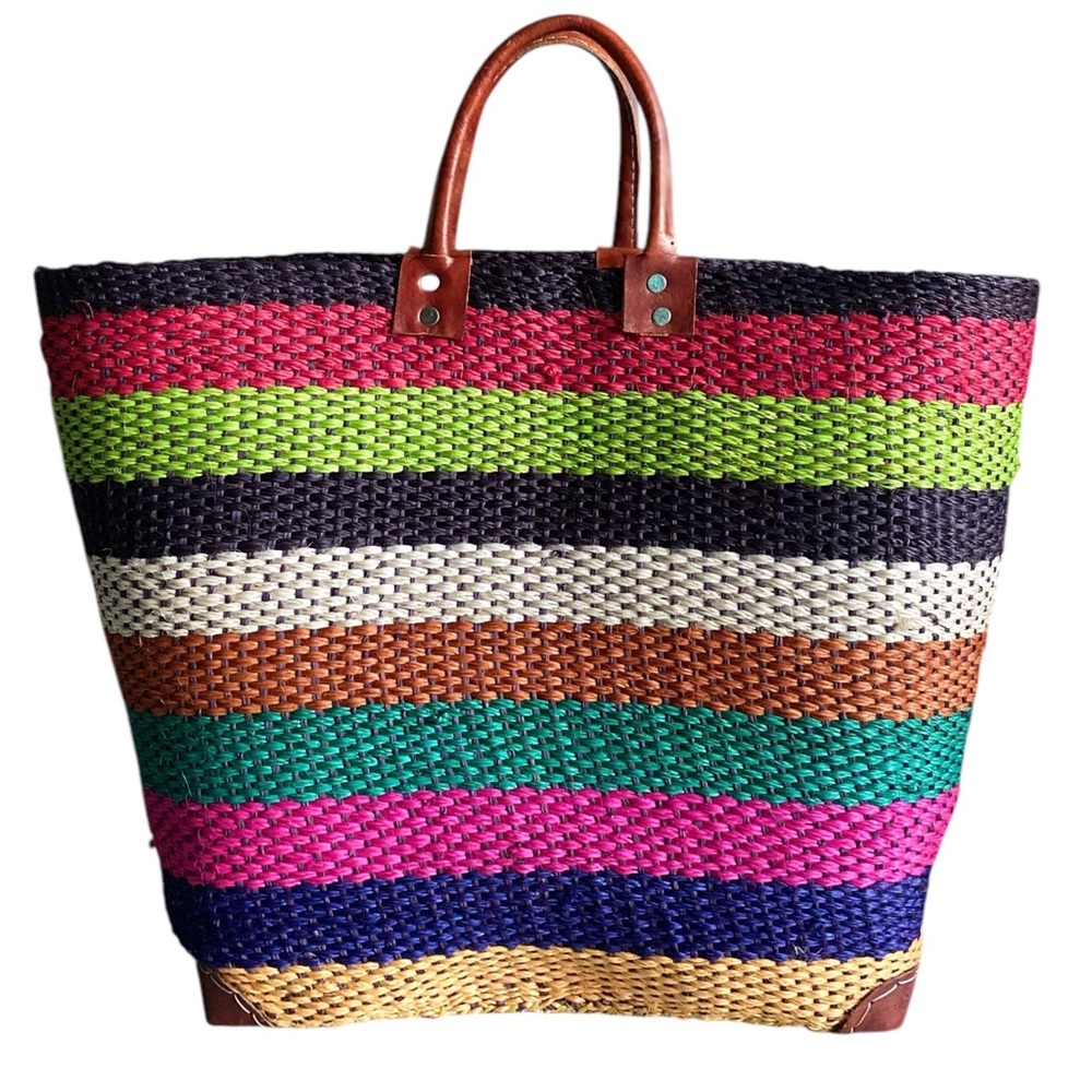 LOVESTITCH - Basket Striped Tote Bag W/ Handcut Leather Handles NEW